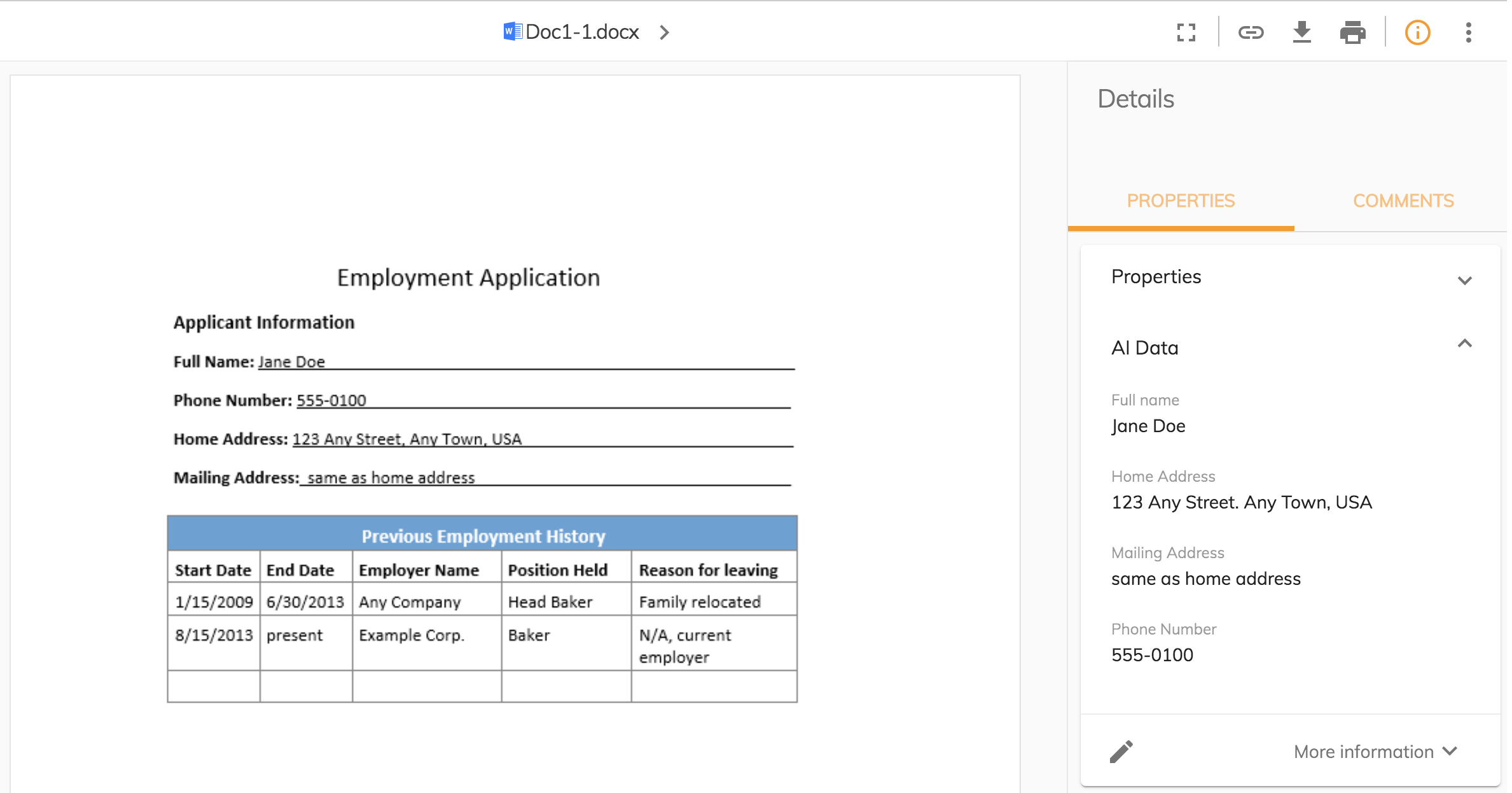 Example of the metadata extracted from a form