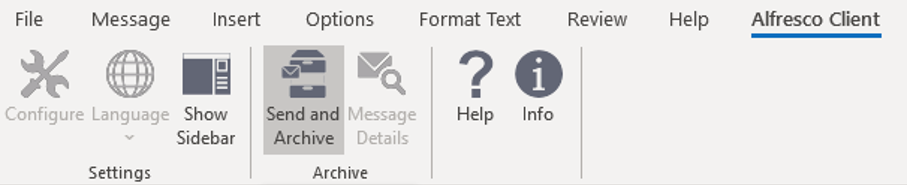 Alfresco Outlook Client ribbon in Outlook